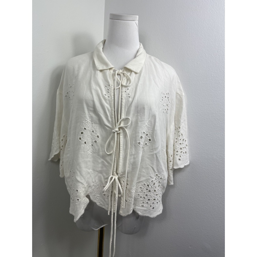 NEW Future Collective Embroidered Eyelet Side-Tie Short Sleeve Top Ties Large